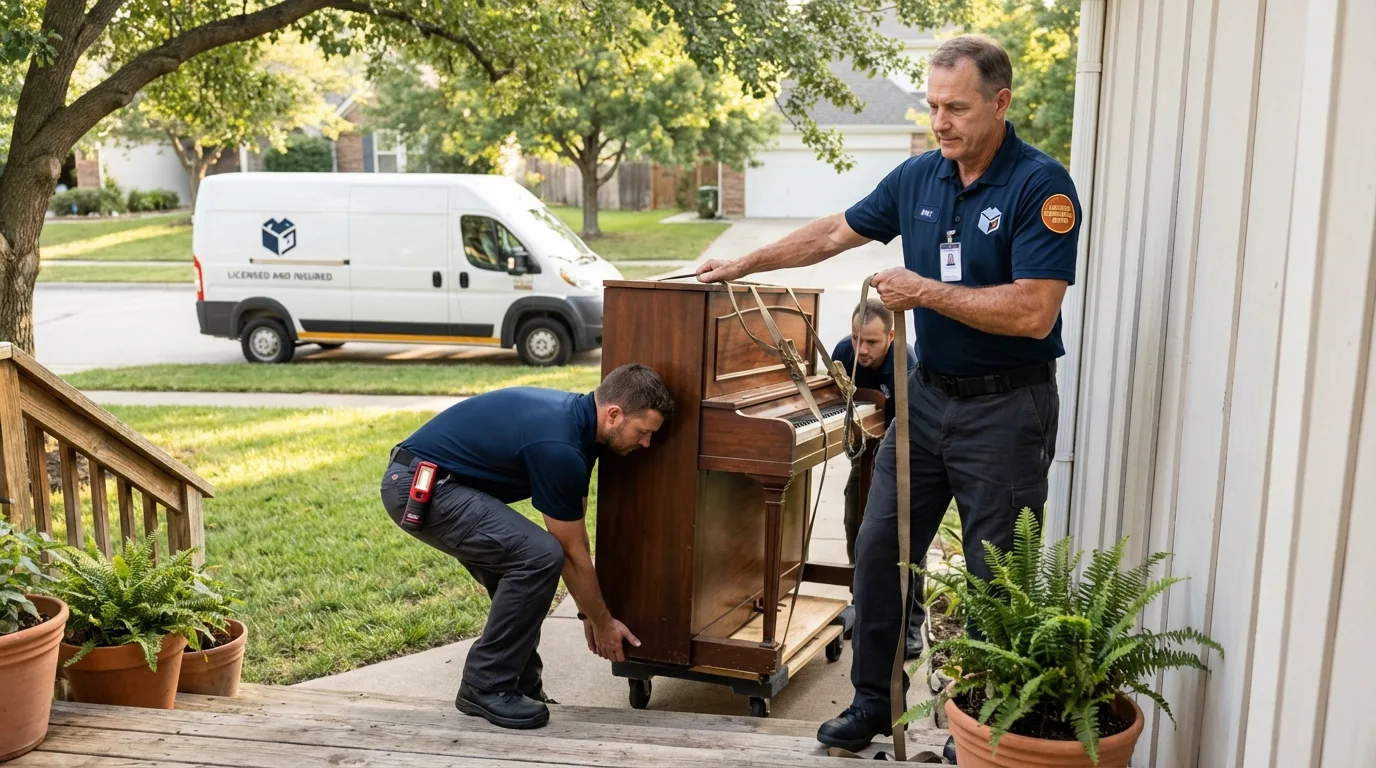 Licensed piano movers securing grand piano in Narberth, PA