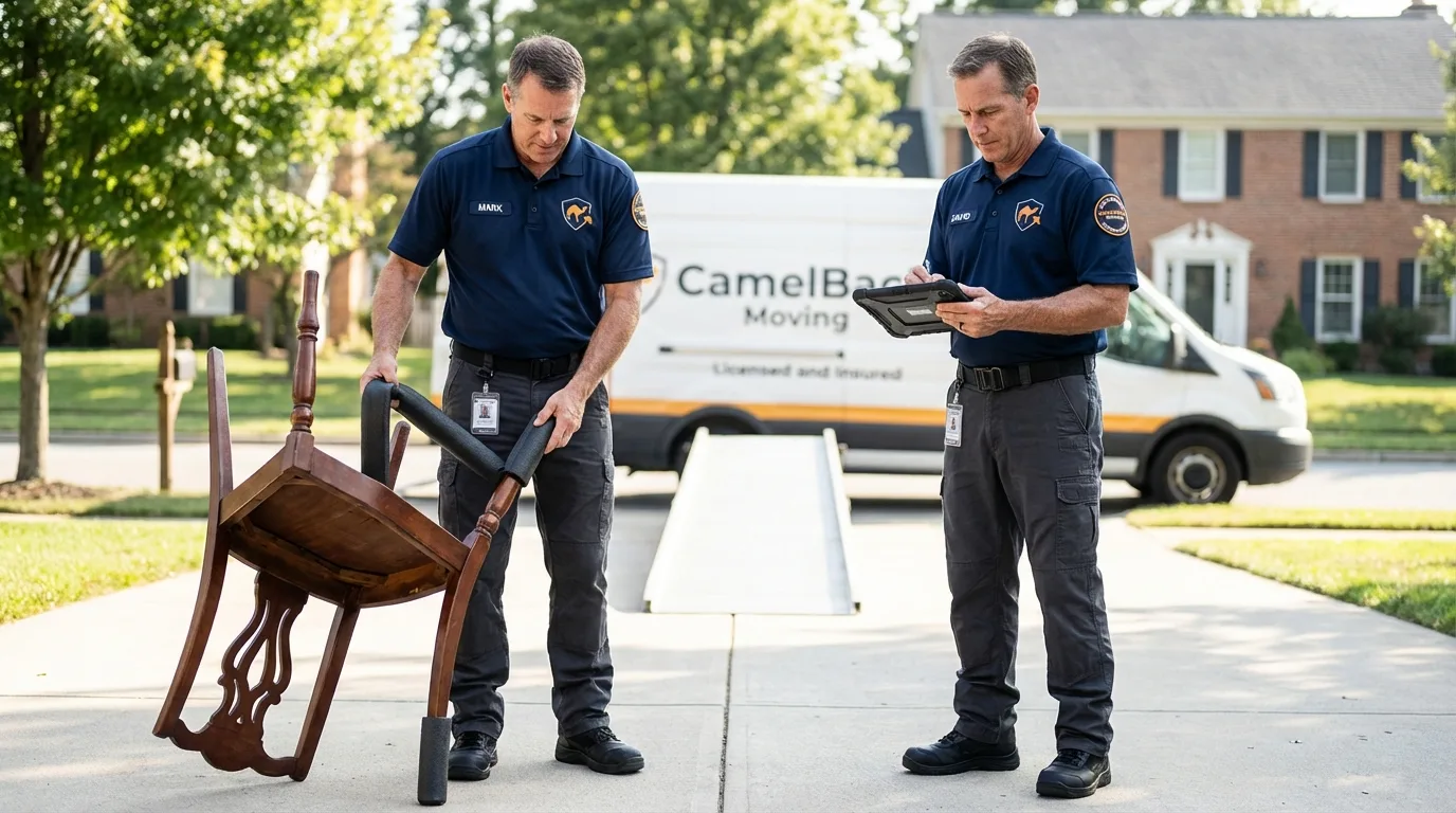 Movers inspecting furniture for damage prevention before loading in Narberth, PA