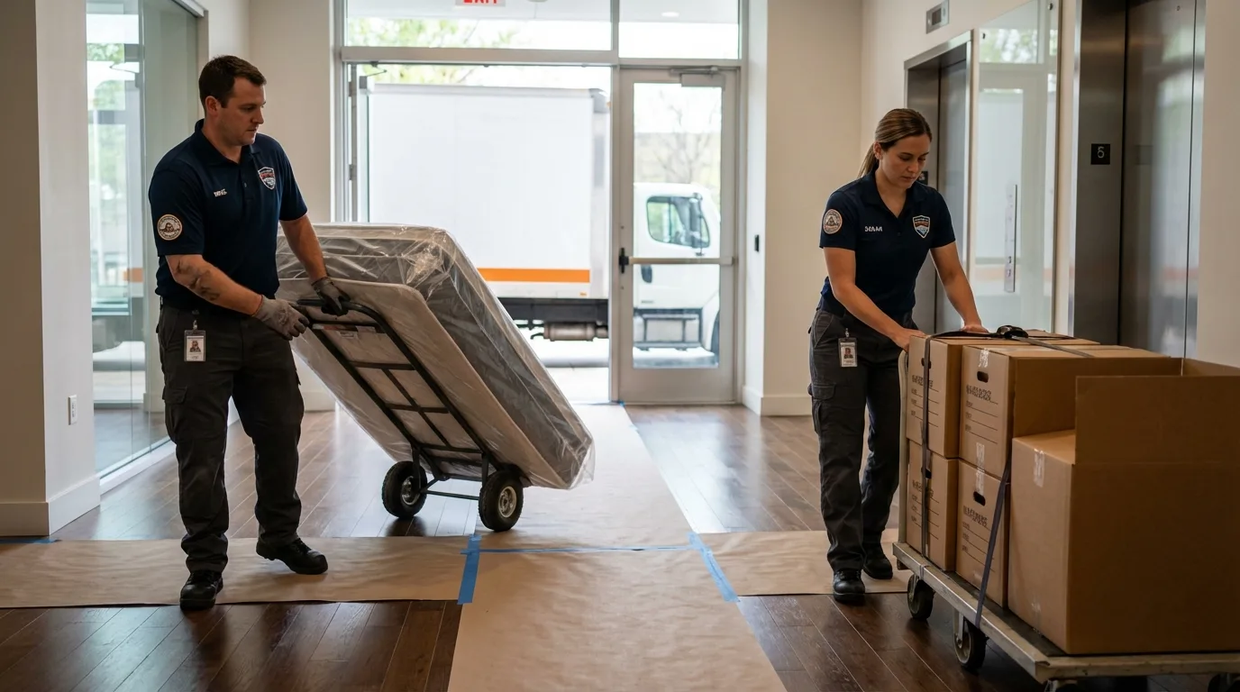 Professional apartment movers loading elevator in Narberth, PA