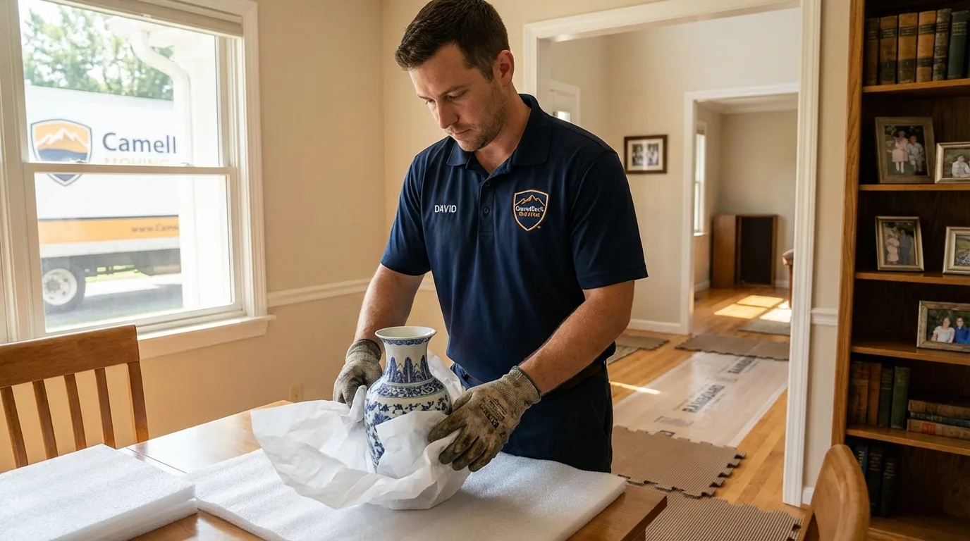 Professional crew carefully wrapping antique vase for senior downsizing move in Narberth, PA